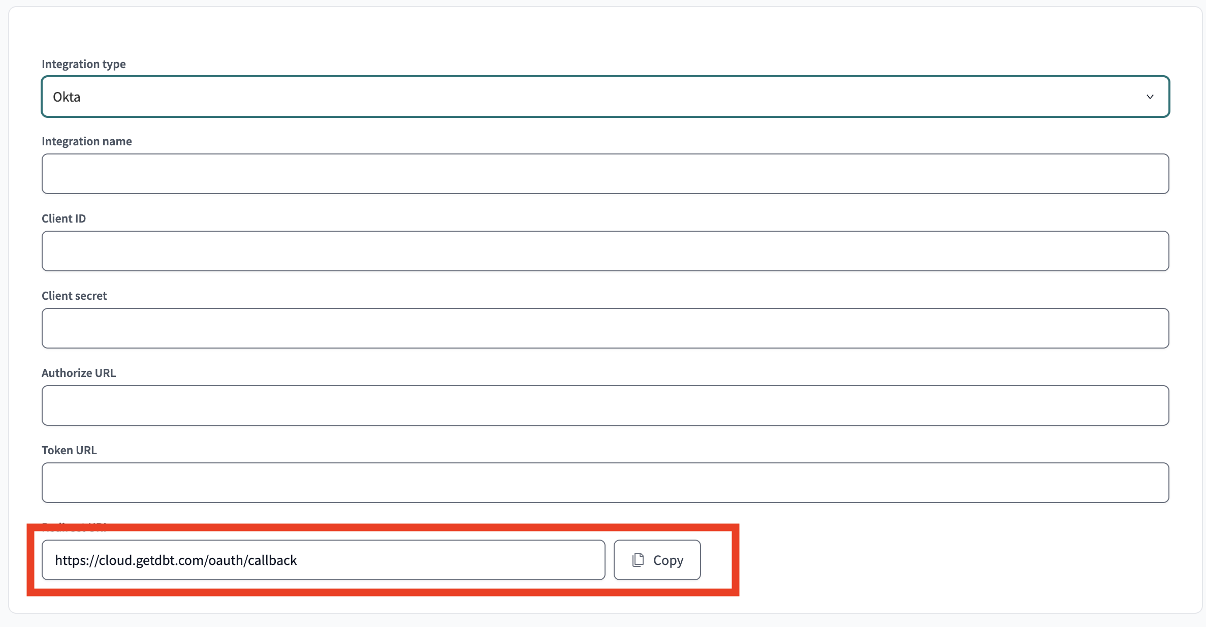 Copy the callback URI at the bottom of the integration page in dbt Cloud Copy the callback URI at the bottom of the integration page in dbt Cloud
